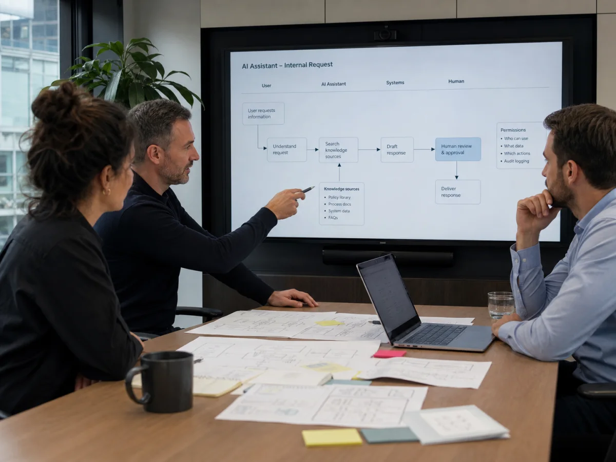 Illustrative scene of people reviewing an enterprise AI workflow together