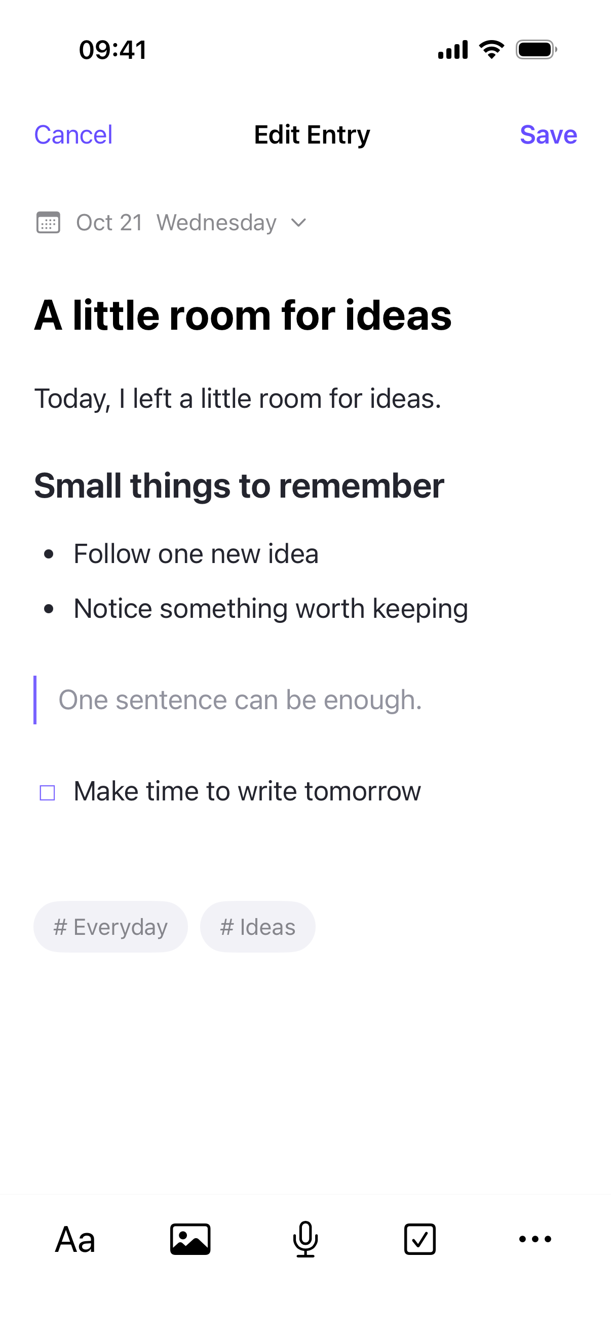 Inkling editor showing a fictional English journal entry and its formatting tools
